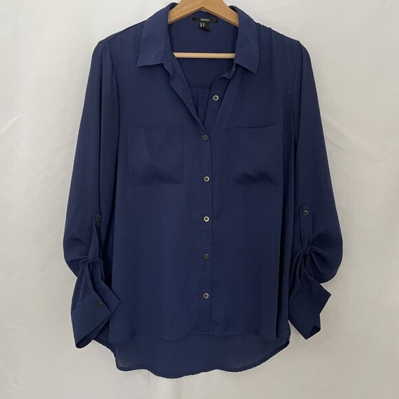 Forever 21 Womens Button-Up Navy Blouse - Medium business casual blue shirt - Picture 1 of 7